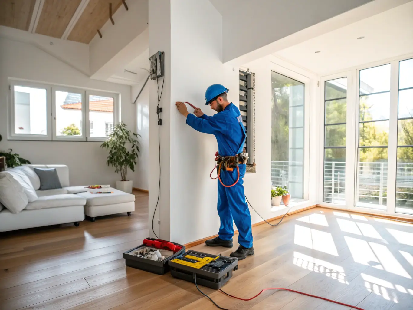 Fotografía de técnicos de Pealectric instalando cableado en una vivienda moderna de Madrid, con herramientas profesionales y paneles eléctricos visibles, mostrando atención al detalle y cumplimiento de seguridad.