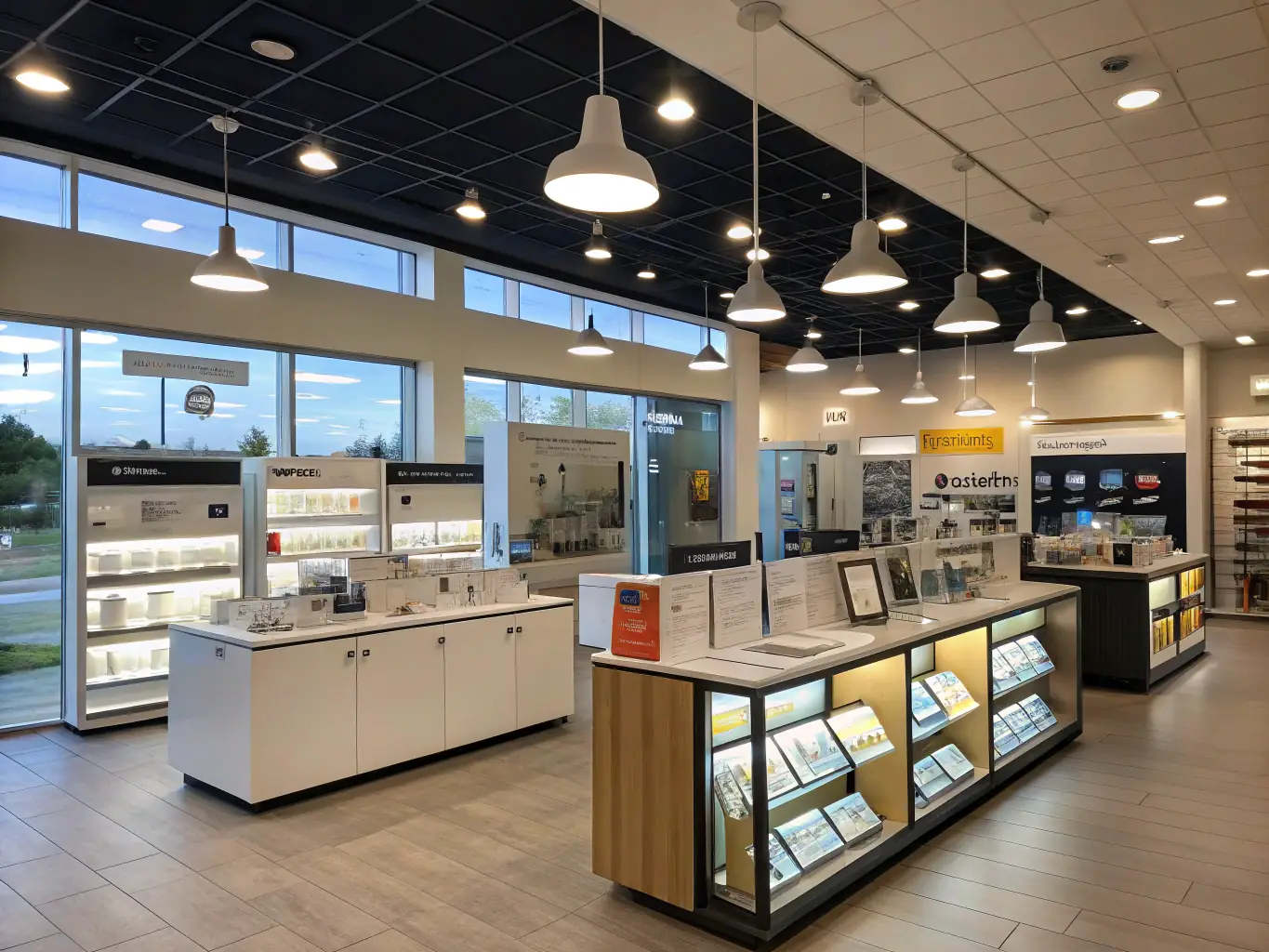 Fotografía de mostrador de tienda Pealectric con exposición de material eléctrico, como interruptores, bombillas LED y pequeños electrodomésticos, atendiendo a clientes en un entorno limpio y moderno.
