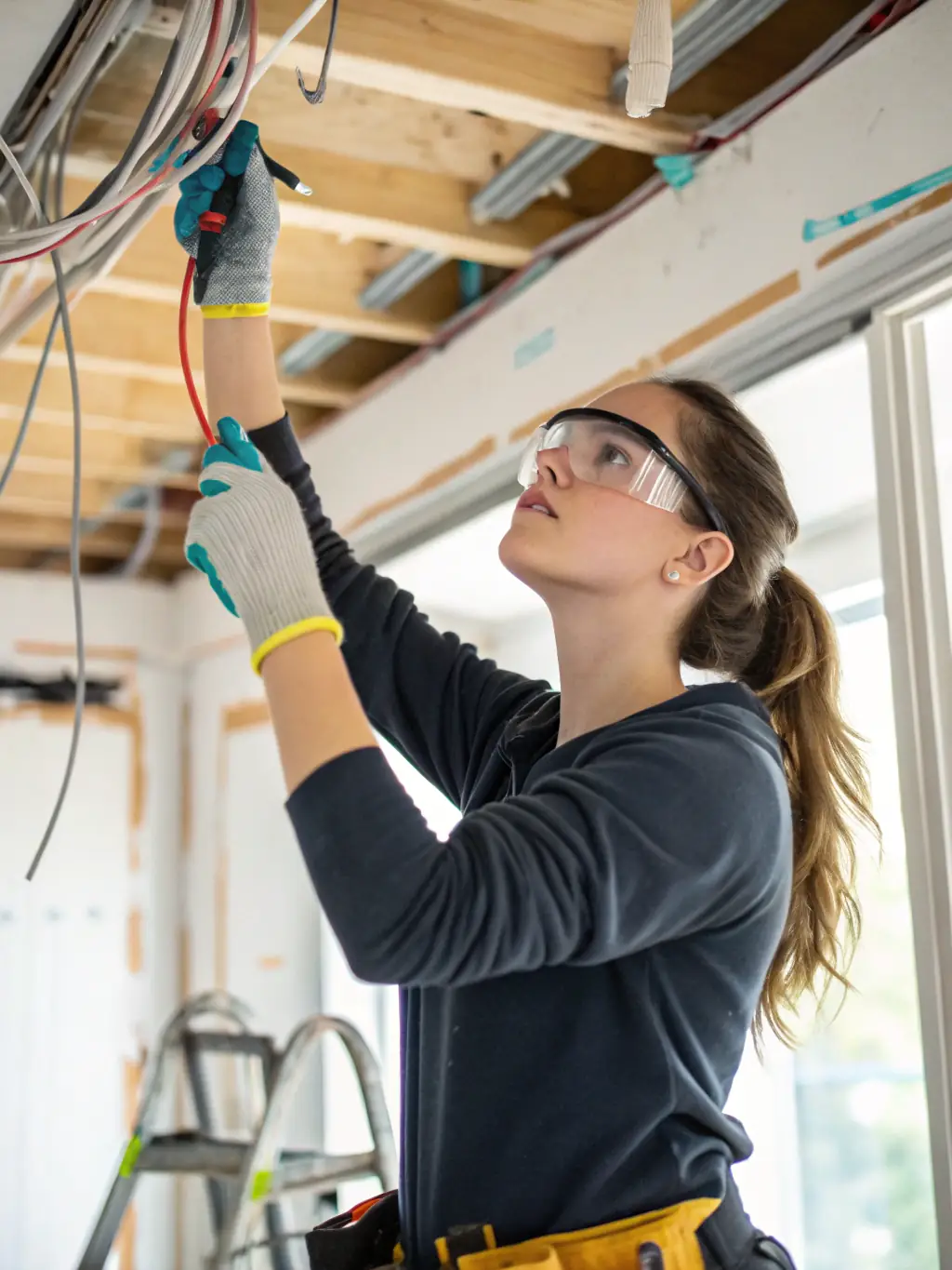 An electrician in a clean, modern building, carefully installing electrical wiring with organized cables and professional tools, representing high-quality electrical installation services.
