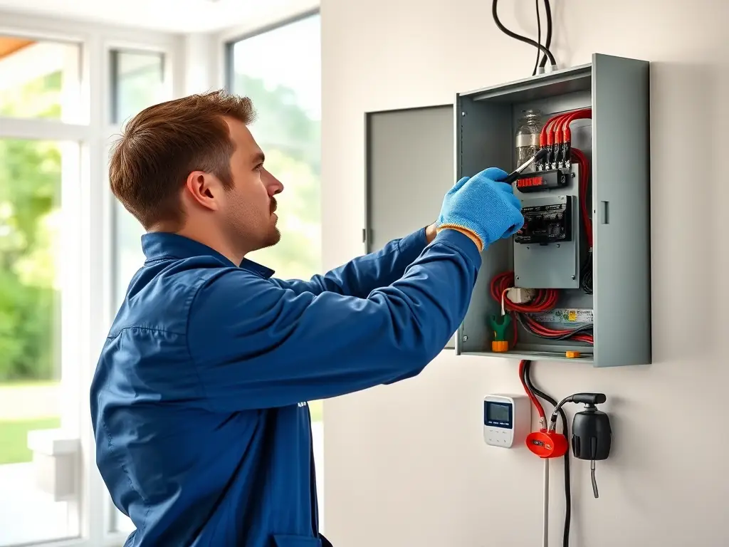 Imagen de un electricista de Pealectric revisando un cuadro eléctrico en una comunidad de vecinos, con medidores y equipos de diagnóstico, reflejando el servicio de mantenimiento periódico.