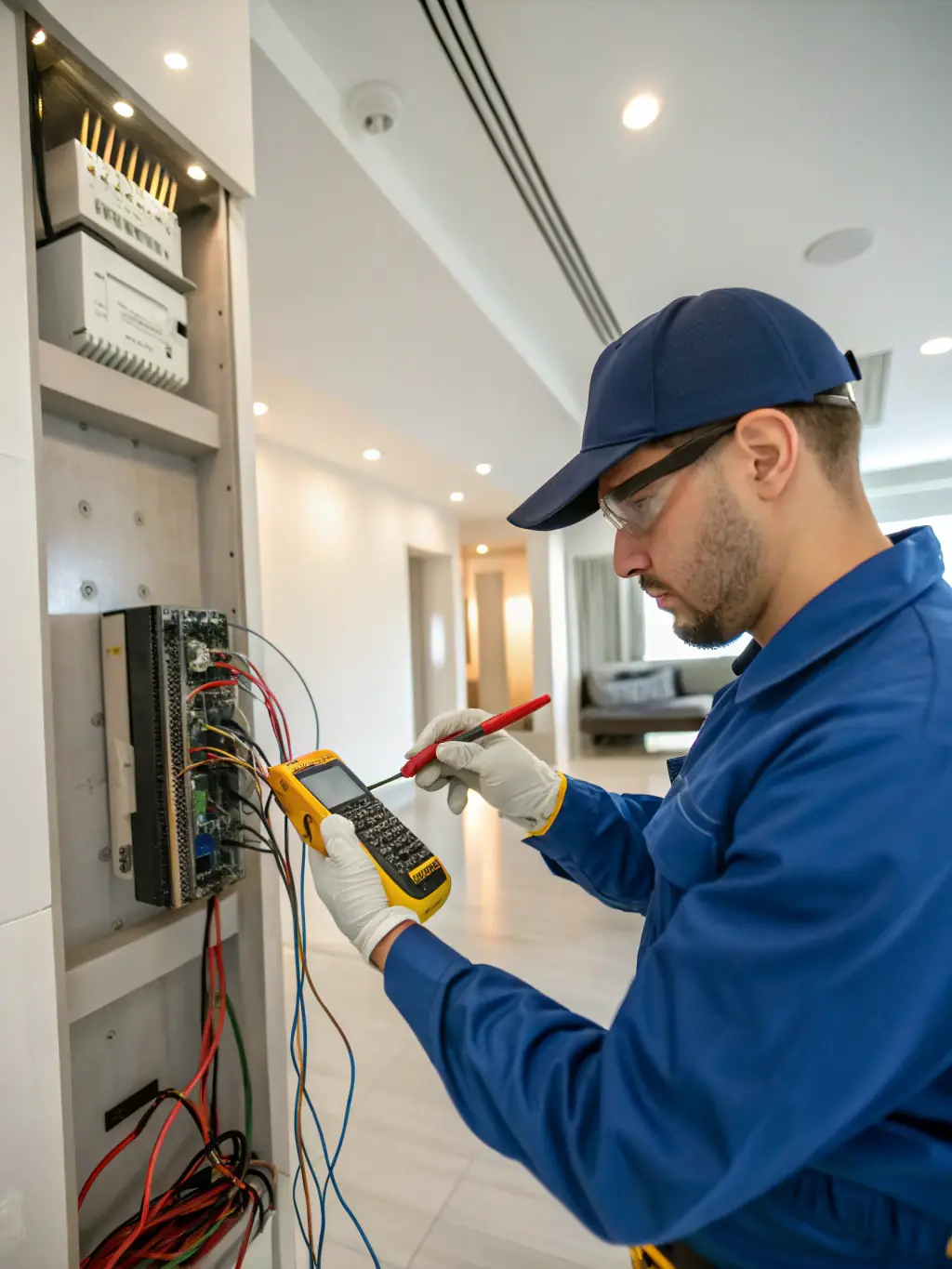 A close-up of a technician’s hands using a digital multimeter to test electrical connections in a distribution board, emphasizing technical expertise and safety.