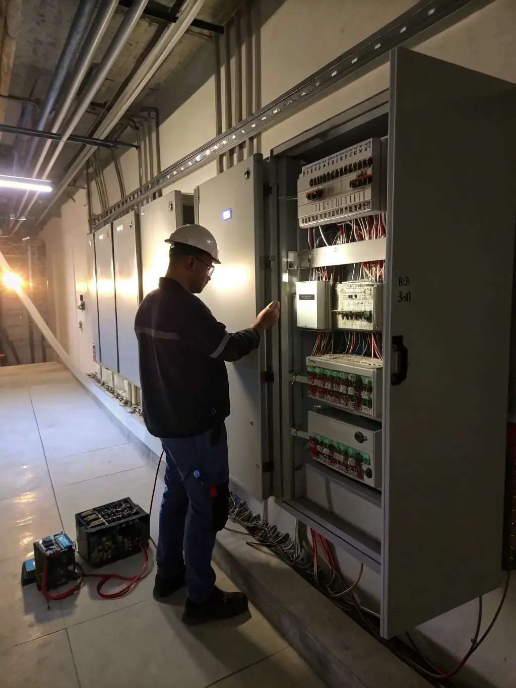 A technician in uniform inspecting and maintaining an electrical panel in a commercial facility, with tools and safety equipment visible, illustrating expert electrical maintenance.
